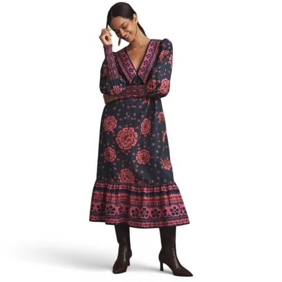 NWT Farm Rio x Anthropologie Puff Sleeve V-Neck Floral Midi Dress Cotton Size M - Picture 1 of 11